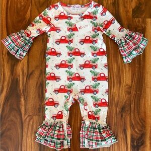NWT Clover Cottage Girls Ruffles Christmas 1 Pce Romper 12 18 Mos Vintage Truck